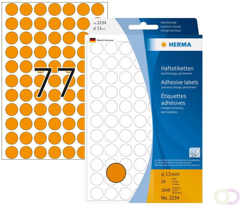 Herma Multipurpose-etiketten Ã 13 mm rond fluor oranje permanent hechtend om met d